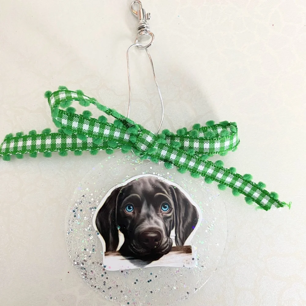 Clear Round  Weimaraner Dog Ornament with Green Bow or purse charm
